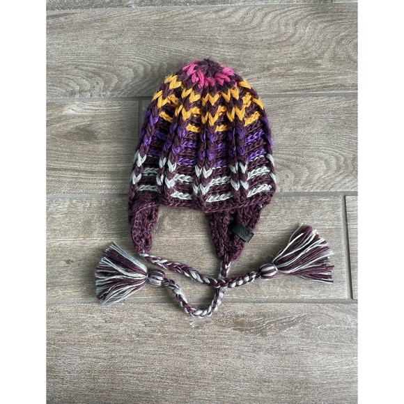 Volcom cable knit tasseled brown rainbow beanie hat LNC Adult One Size - Picture 3 of 7